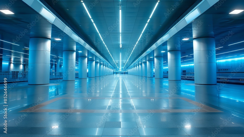 Futuristic Underground Station with Blue Illuminated Columns and Reflective Floor Futuristic Underground Station with Blue Illuminated Columns and Reflective Floor