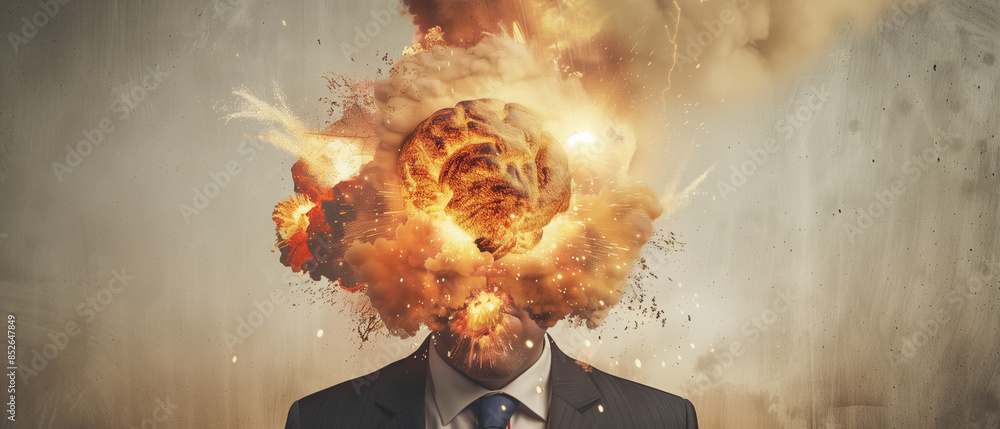 Obraz premium Mind-blowing idea, head explosion illustration of businessman in chaos, symbolizing brain overload and the explosive power of brainstorming in business. Generative AI