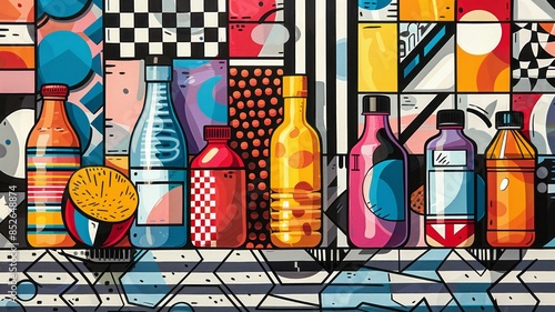 Bold Abstract Bottles in Pop Art Style with Geometric Patterns and Vibrant Colors photo