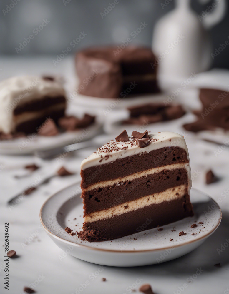 homemade and delicious sliced cake with cocoa and chocolate on white marble in a plate
homemade and delicious sliced cake with cocoa and chocolate on white marble in a plate