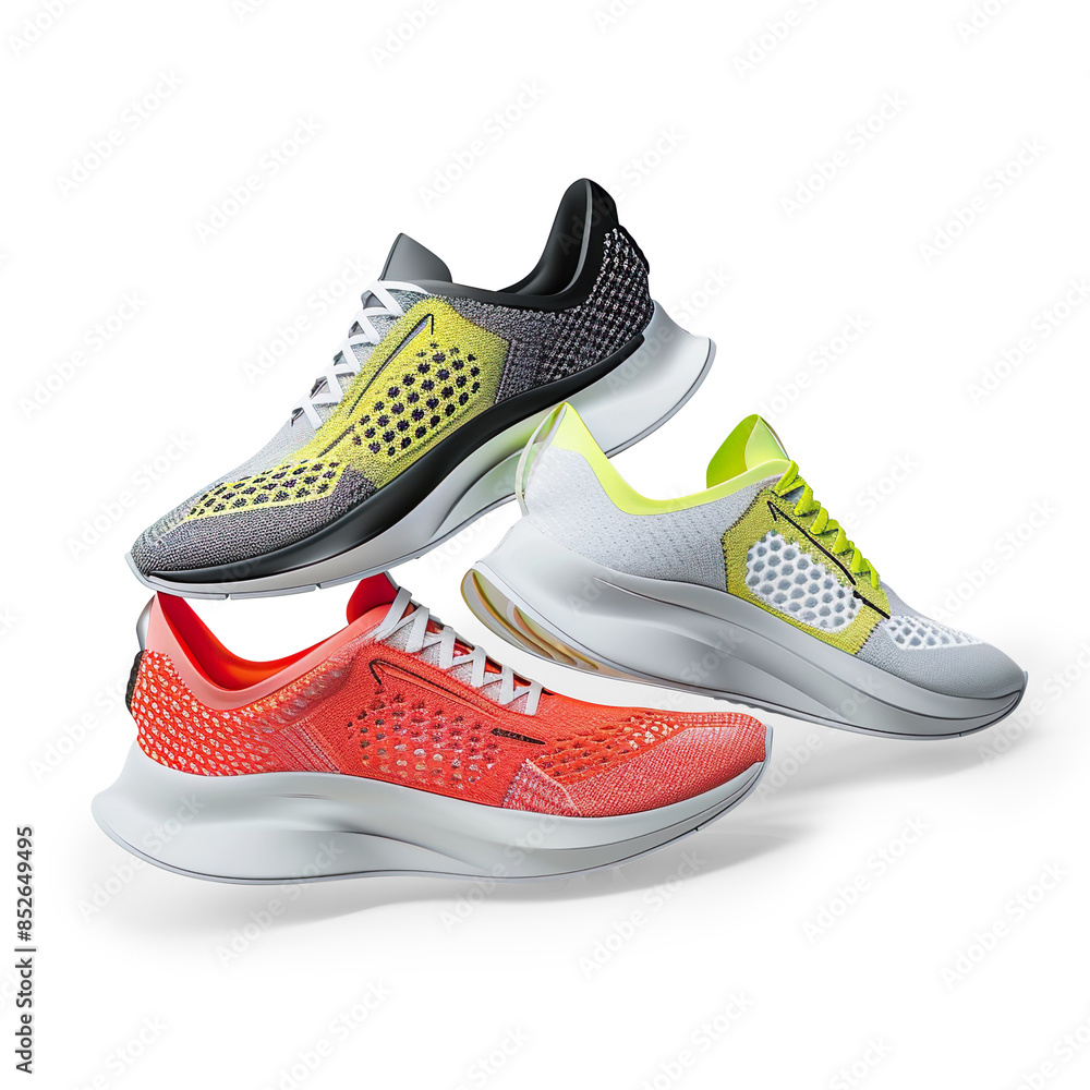 Three sports shoes of the same model and different colors are isolated on a transparent background. Three sports shoes of the same model and different colors are isolated on a transparent background.
