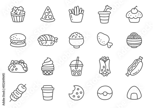 Kawaii fast food icon set. Collection of monochrome hand drawn food and drink stickers isolated on a white background. Vector 10 EPS.