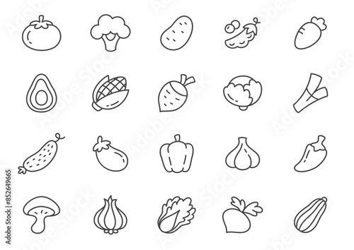 Kawaii vegetable icon set. Collection of monochrome hand drawn vegetable stickers isolated on a white background. Vector 10 EPS.