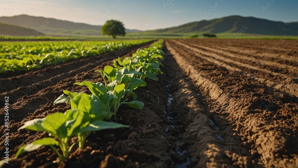 image depicting sustainable agriculture with a close-up of organic crops growing in a field. Include elements like rich soil, healthy plants, and a watering system that conserves water. The image depicting sustainable agriculture with a close-up of organic crops growing in a field. Include elements like rich soil, healthy plants, and a watering system that conserves water. The