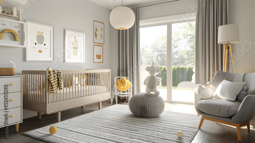 A modern nursery with advanced baby monitoring technology and gentle child-friendly designs. photo