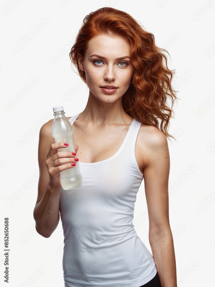 Caucasian woman with red hair wearing a white tank top and showing off a water bottle Caucasian woman with red hair wearing a white tank top and showing off a water bottle