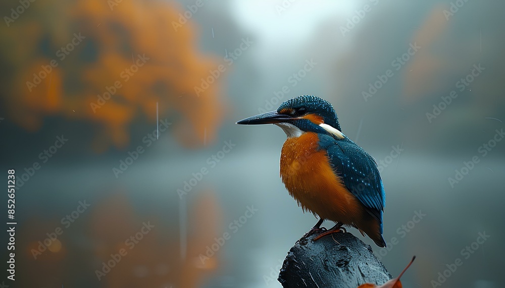 Kingfisher bird in rain closeup. Orange and blue bird in the forest during rain. Bird with beautiful feathers and wings staring into the distance in the woods Kingfisher bird in rain closeup. Orange and blue bird in the forest during rain. Bird with beautiful feathers and wings staring into the distance in the woods