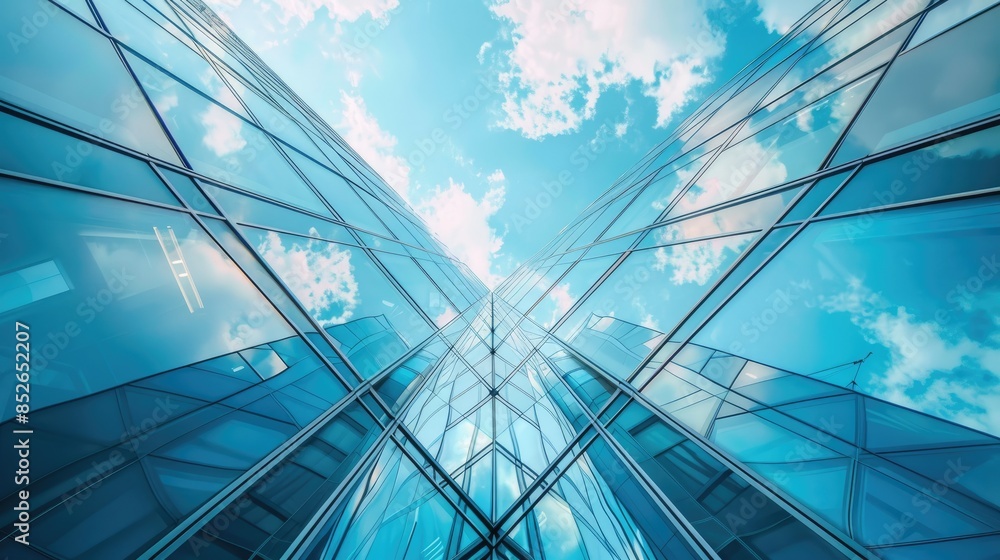 Fototapeta premium Glass office building with a unique angular design, reflecting the sky