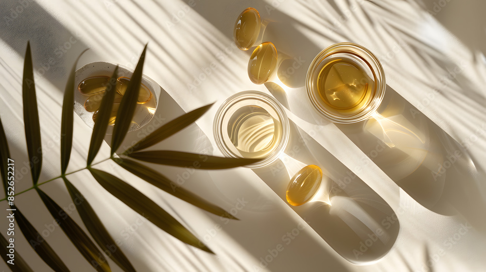 omega oil vitamins, overhead photography, soft light. omega oil vitamins, overhead photography, soft light.