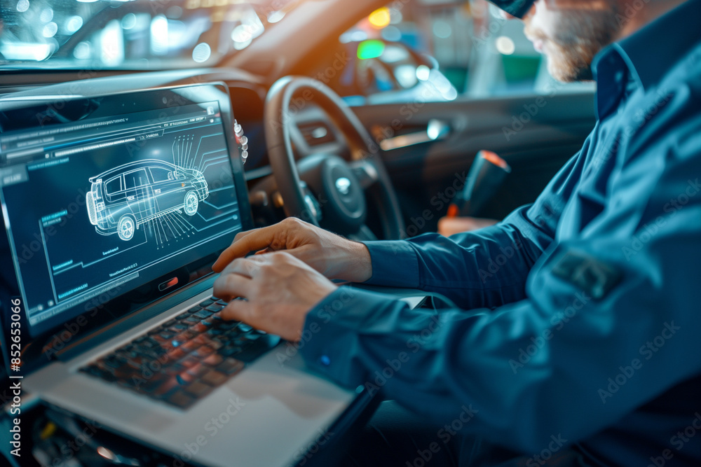 A man is working on a laptop in a car. He is likely a mechanic or technician, as he is working on a car's engine. The laptop is open A man is working on a laptop in a car. He is likely a mechanic or technician, as he is working on a car's engine. The laptop is open