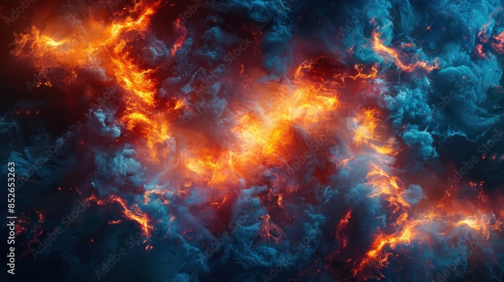 A mesmerizing cosmic scene of swirling fiery clouds and vibrant blue and orange nebulae, resembling a celestial explosion - AI Generated Digital Art A mesmerizing cosmic scene of swirling fiery clouds and vibrant blue and orange nebulae, resembling a celestial explosion - AI Generated Digital Art