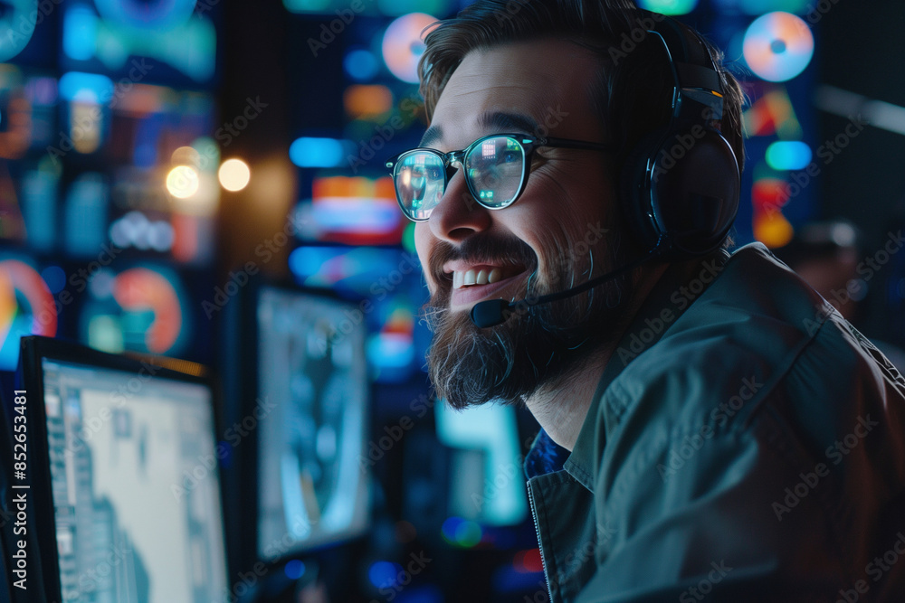 A man wearing a headset and glasses is smiling at the camera. He is sitting in front of a computer monitor with several screens A man wearing a headset and glasses is smiling at the camera. He is sitting in front of a computer monitor with several screens