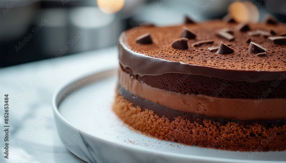 homemade and delicious sliced cake with cocoa and chocolate on white marble in a plate
homemade and delicious sliced cake with cocoa and chocolate on white marble in a plate