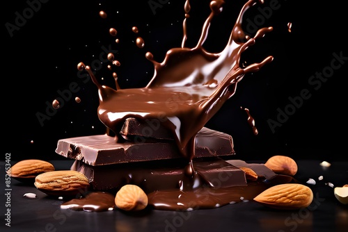 Closeup od hot chocolate streams melted chocolate pouring into pieces of chocolate bars and nuts on a dark table. Perfect visual to celebrate World Chocolate Day July 7. World Nutella Day February 5