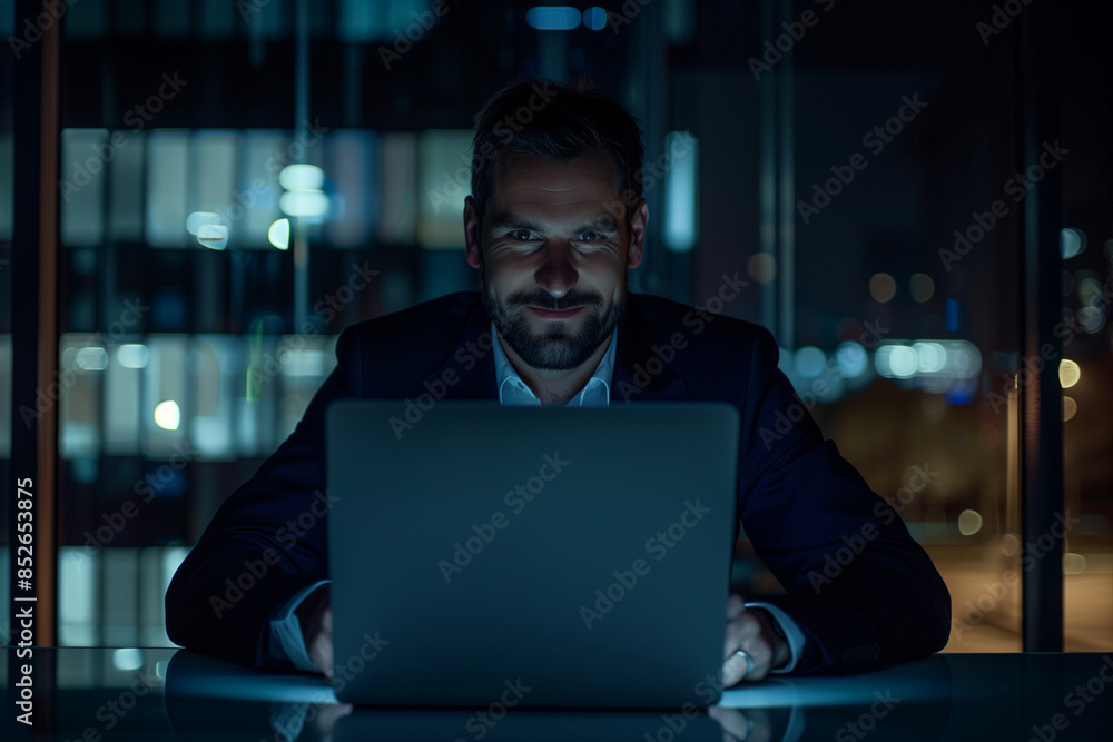 A man is sitting at a desk with a laptop in front of him. He is wearing a suit and he is focused on his work. Concept of professionalism and dedication to his job A man is sitting at a desk with a laptop in front of him. He is wearing a suit and he is focused on his work. Concept of professionalism and dedication to his job
