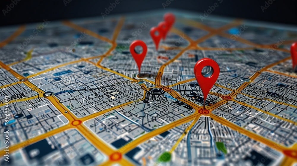 A digital map displaying a location with two pins set, representing AI technology in GPS A digital map displaying a location with two pins set, representing AI technology in GPS