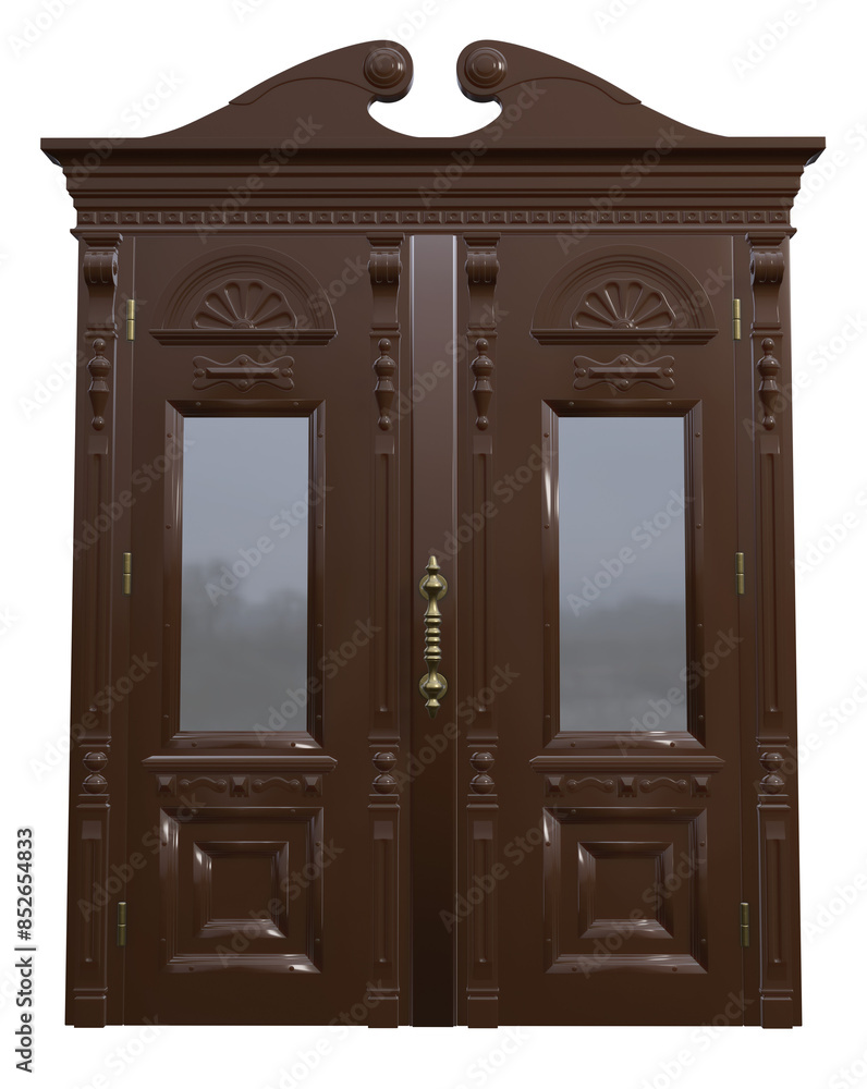 3D render of decorated front door model. PNG.
