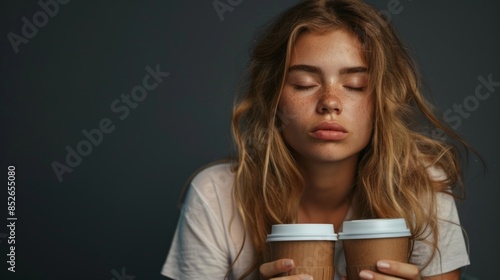 Wallpaper Mural Tired young woman holding two coffee cups with eyes closed, expressing exhaustion and need for caffeine boost. Copy space. Torontodigital.ca