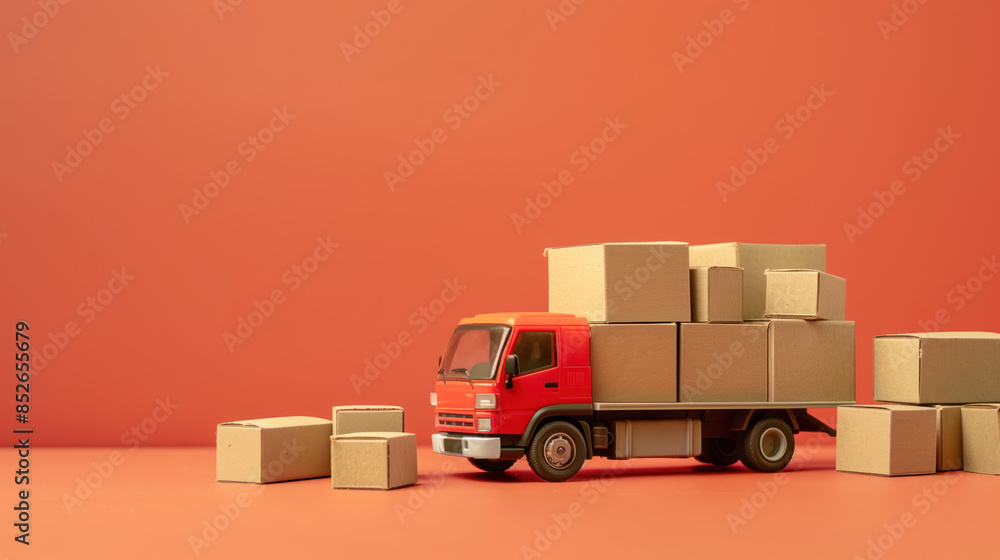 A toy moving truck with cardboard boxes. Transportation and delivery concept. Created with Generative AI technology. A toy moving truck with cardboard boxes. Transportation and delivery concept. Created with Generative AI technology.