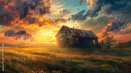 Vibrant sunset above rural dwelling photo