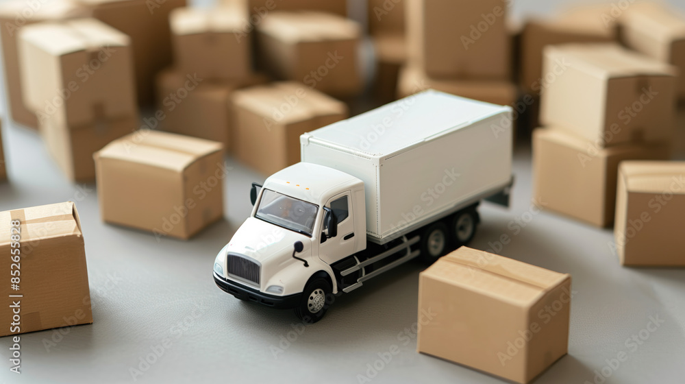 A toy moving truck with cardboard boxes. Transportation and delivery concept. Created with Generative AI technology. A toy moving truck with cardboard boxes. Transportation and delivery concept. Created with Generative AI technology.