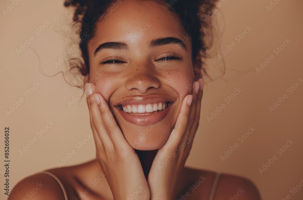 Beautiful woman with smooth, glowing skin touching her face and smiling Beautiful woman with smooth, glowing skin touching her face and smiling