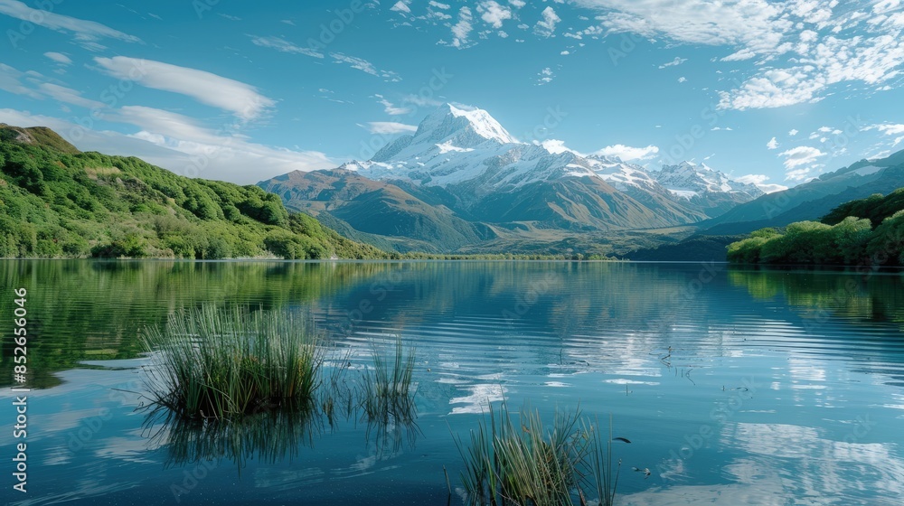 Tranquil lake with mountain backdrop featuring snow capped peak and reflection of nearby plants in the water Tranquil lake with mountain backdrop featuring snow capped peak and reflection of nearby plants in the water