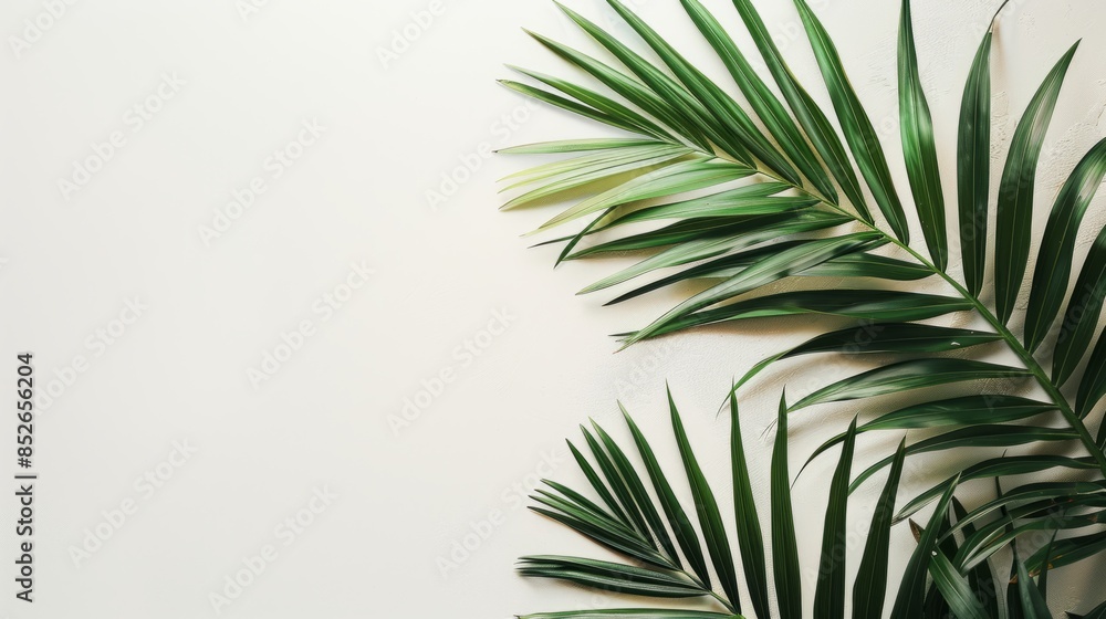 Green tropical plant leaves casting detailed shadows on a smooth white background, creating a simple and stylish natural composition. Copy space. Green tropical plant leaves casting detailed shadows on a smooth white background, creating a simple and stylish natural composition. Copy space.