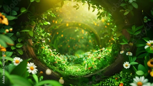 Mysterious tunnel with blooming flowers in a magic forest. Fantasy spring and nature background
