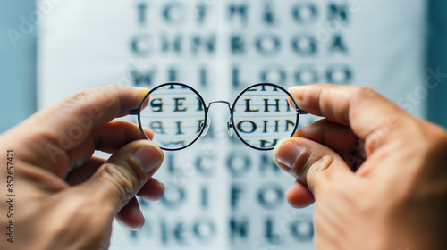 Hands holding sight glasses in front of optician vision eye chart. Clear view from the lenses