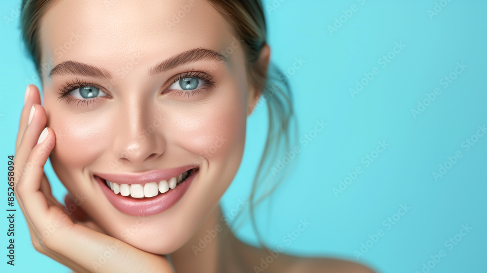 A close-up beautiful face of a woman with fair skin and a well-proportioned figure, She poses to showcase her smooth, clear, and radiant facial skin. The background is a bright cerulean blue A close-up beautiful face of a woman with fair skin and a well-proportioned figure, She poses to showcase her smooth, clear, and radiant facial skin. The background is a bright cerulean blue
