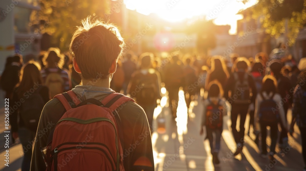 Backview of Students Walking into University or High School During Morning Rush Hour Backview of Students Walking into University or High School During Morning Rush Hour