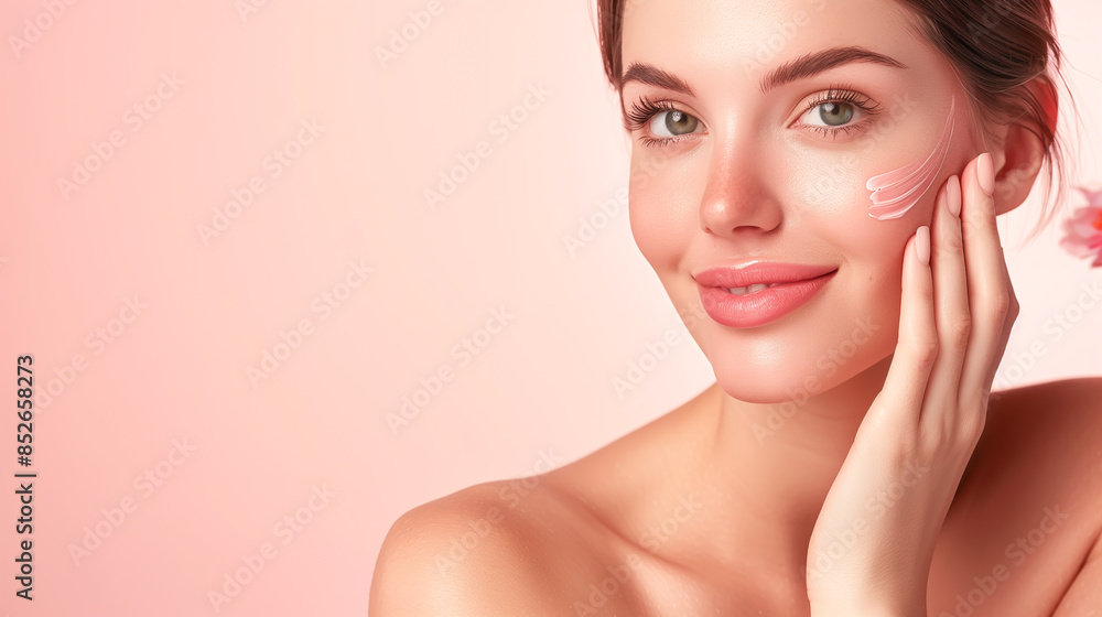 A close-up beautiful face of a woman with fair skin and a well-proportioned figure, She poses to showcase her smooth, clear, and radiant facial skin. The background is a soft pink.. A close-up beautiful face of a woman with fair skin and a well-proportioned figure, She poses to showcase her smooth, clear, and radiant facial skin. The background is a soft pink..