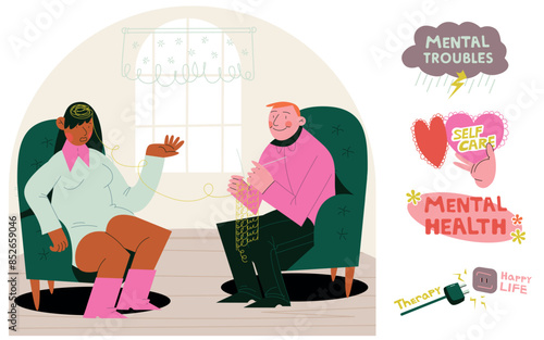 Vector cartoon stickers set mental health, psychological therapy illustrations