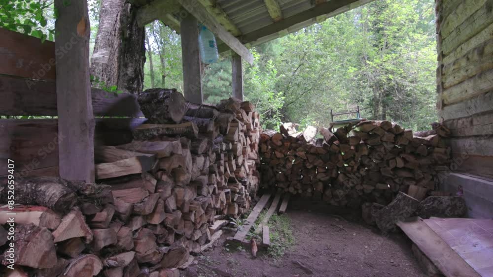 Firewood in the backyard of the house. Preparation for the winter. Firewood in the backyard of the house. Preparation for the winter.