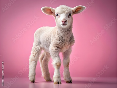 Adorable Baby Lamb Isolated On Pink Background. photo