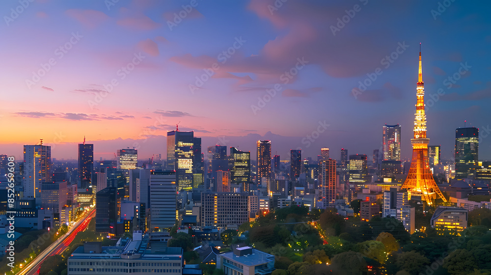 Fototapeta premium A panoramic view of Tokyo Tower and modern skyscrapers embodying Japans fusion of tradition and innovation.