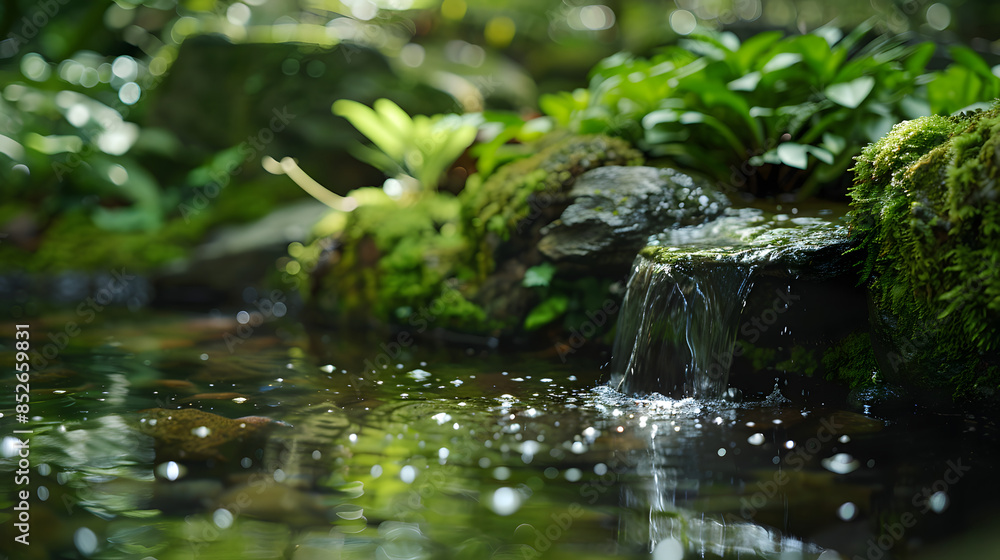 A peaceful Zen garden with a flowing water feature and moss-covered rocks. A peaceful Zen garden with a flowing water feature and moss-covered rocks.