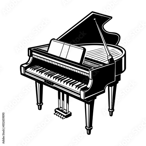 piano and notes, grand piano, grand piano and music notes, vector lustration of-a piano in black outline, 