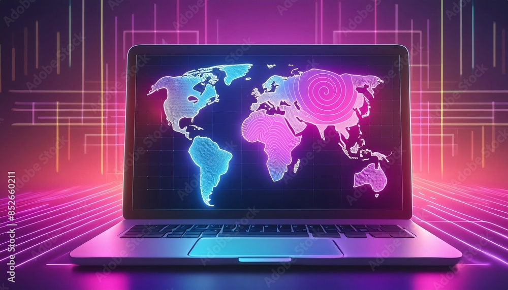 Laptop screen shines a neon world map on a digital landscape with blue and pink hues, symbolizing modern technology and global connectivity Laptop screen shines a neon world map on a digital landscape with blue and pink hues, symbolizing modern technology and global connectivity