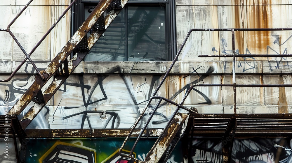 Window with fire escape, close-up, gritty urban view, graffiti-covered walls, soft daylight, detailed texture, macro shot. Window with fire escape, close-up, gritty urban view, graffiti-covered walls, soft daylight, detailed texture, macro shot.