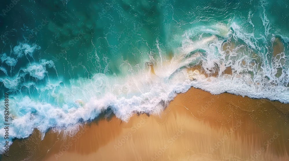 Empty beach with waves crashing on the shore captured by an aerial drone from above Empty beach with waves crashing on the shore captured by an aerial drone from above