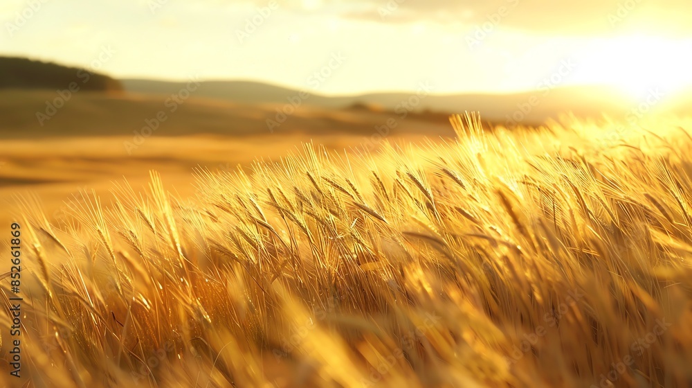 A close-up of a field of wheat with a blurred sunset and hills in the background.