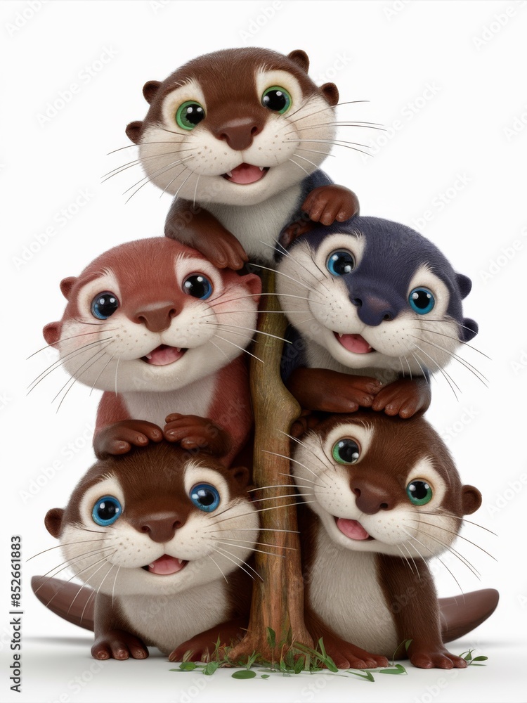 A group of four otters are standing on top of each other, AI A group of four otters are standing on top of each other, AI