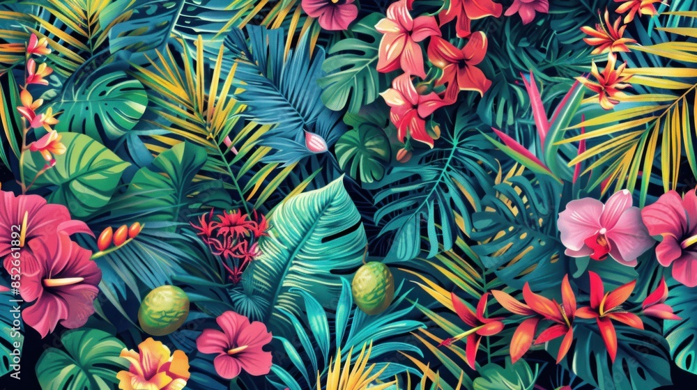 Lush Tropical Jungle: A Vivid Seamless Pattern of Blooming Exotic Flowers and Verdant Foliage in Vibrant Colors Lush Tropical Jungle: A Vivid Seamless Pattern of Blooming Exotic Flowers and Verdant Foliage in Vibrant Colors