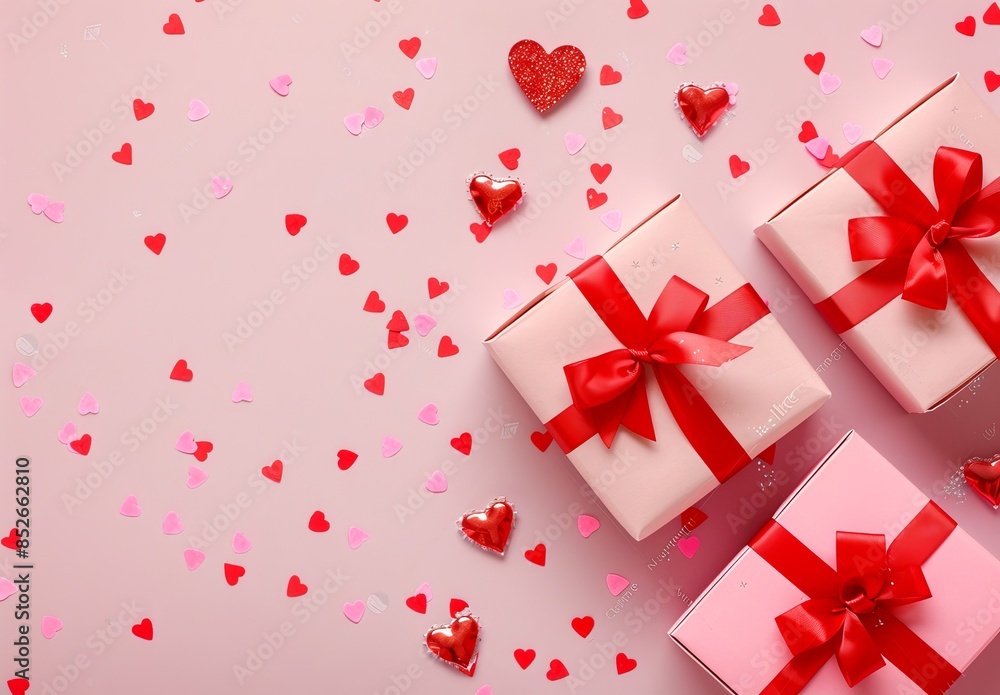 Valentine's Day background with pink gift boxes and red hearts on pastel background Valentine's Day background with pink gift boxes and red hearts on pastel background
