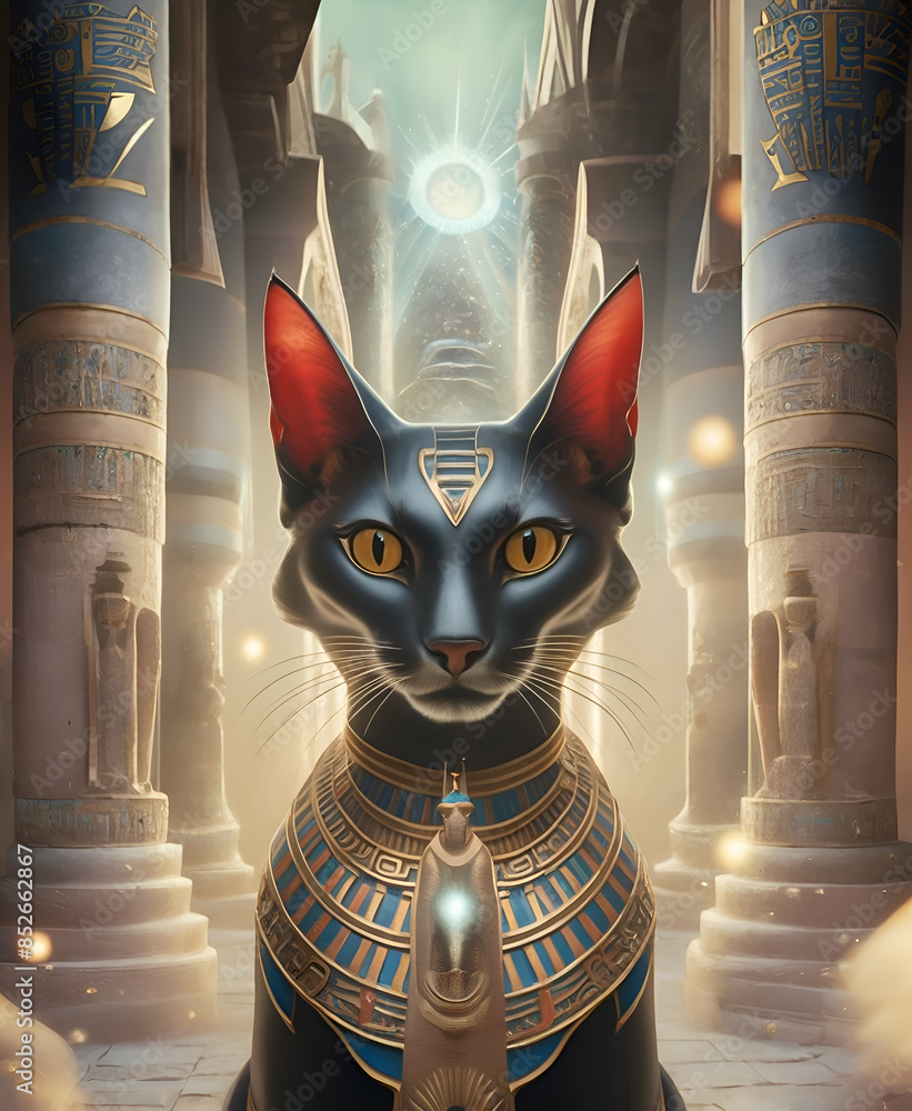 egyptian Bastet cat posing against temple with columns and sun light. Egyptian goddess Bastet. Ai generated