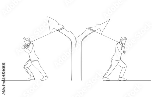 Continuous one line drawing of two businessmen pulling arrow to split in opposite directions, business breakup concept, single line art.
