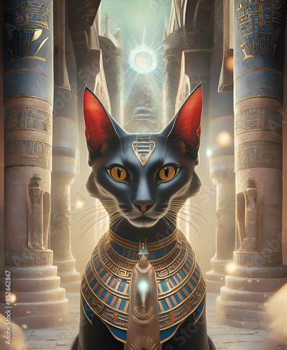 Obraz na płótnie egyptian Bastet cat posing against temple with columns and sun light. Egyptian goddess Bastet. Ai generated w salonie