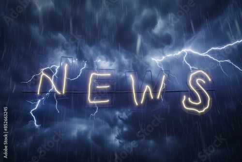yellow neon word NEWS in night sky with lightning